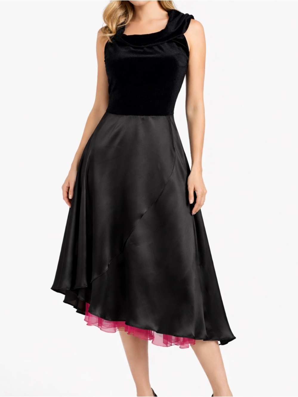J.R. Nites by Caliendo Black Velvet & Satin Dress Hot Pink Crinoline Sz 6 Prom